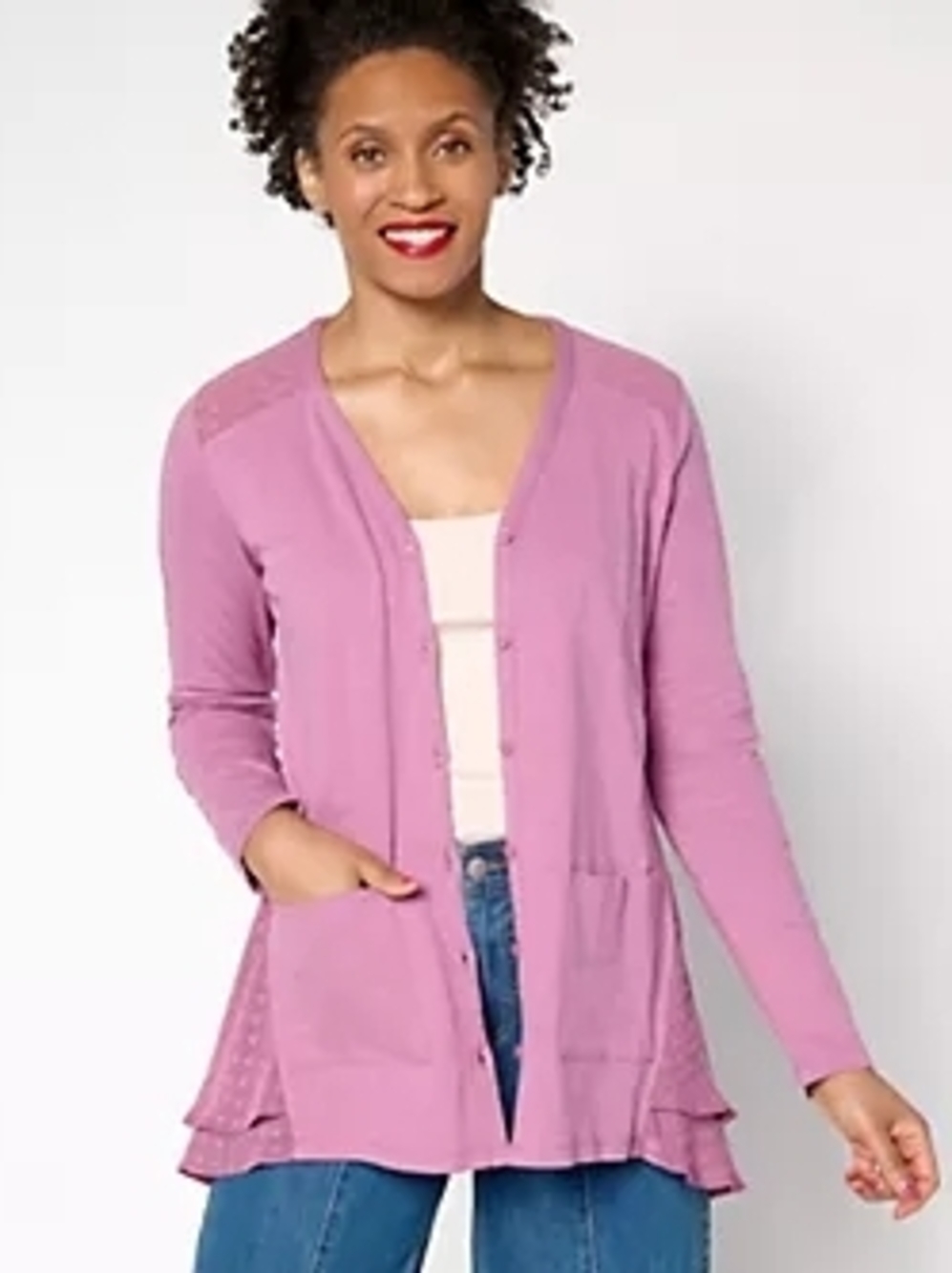 LOGO by Lori Goldstein Cardigan w/Clip Dot Trim-Lilac Rose-Petite Small